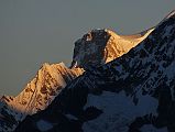 Rolwaling 07 02 Sunrise On Gauri Shankar South Face And South Summit From Trakarding Glacier Below Drolambau Icefall The south summit of Gauri Shankar just barely poked its head above the intervening ridge at sunrise from our camp at the end of the Trakarding Glacier.